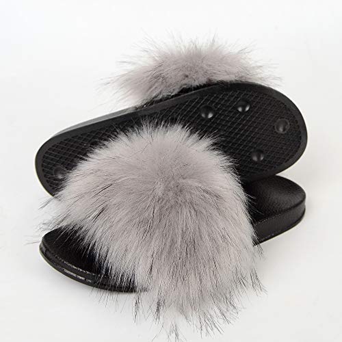 Image of MH Bailment Womens Furry Fluffy Slippers Faux Fur House Slippers Open Toe Fuzzy Slides Soft Flat Slip On Sandals for Indoor Outdoor