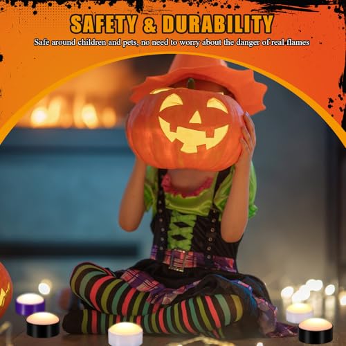Image of Riakrum 6 Pieces Halloween Remote Timer LED Lights with Remote Summer Halloween LED Pumpkin Lights Battery Operated Lantern Bright Flameless Candle(Orange Purple, Black)