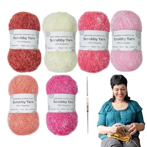 6 Skeins Scrubby Yarn for Dishcloths Crocheting, Polyester Dish Scrubby Yarn, Colorful Glitter Knitting Yarn Bundle with 1 Crochet, Assorted Colors Pastel Yarn for Dish Towel