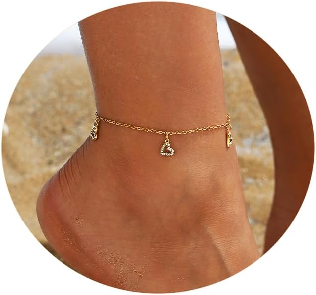 Anklet for Women 18K Gold Plated Dainty Sea Turtle Heart Butterfly Moon Star Dolphin Snake North Star Charm Dangle Anklet Cubic Zirconia Adjustable Summer Beach Foot Jewelry