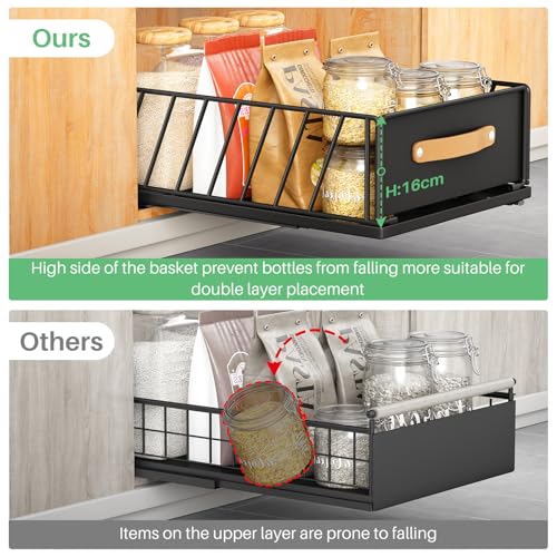 Kitstorack Pull out Cabinet Organiser Fixed with Adhesive Nano Film, Heavy Duty Pull Out Shelf Kitchen Storage Drawer, Sliding Mesh Cabinet Basket with Handle, 40 Depth x 25 Width x 16 Height CM - Image 4