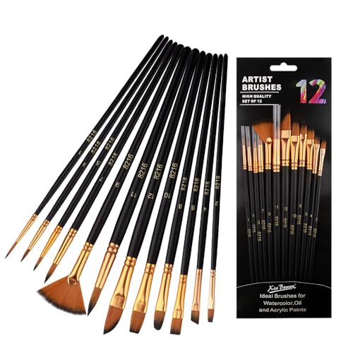 SKY-TOUCH Acrylic Paint Brushes Set 12 Pcs Artist Paint Brush Kit with Nylon Hair for Acrylic Oil Watercolor Gouache Painting Multiple Brush Shapes for Canvas Rock Face & Miniature Art Supplies