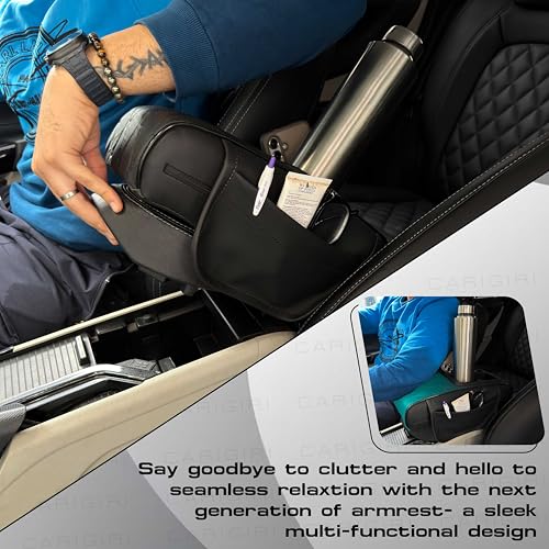 Image of Carigiri Nappa Leatherette,Foam ComfiRest Pro Car Armrest Cushion with Cup Holder| Arm Cushion| Universal for All Cars|Armrest with Mobile Holder (Black,Utility Pockets,Dual Cup Holder,Mobile Holder)