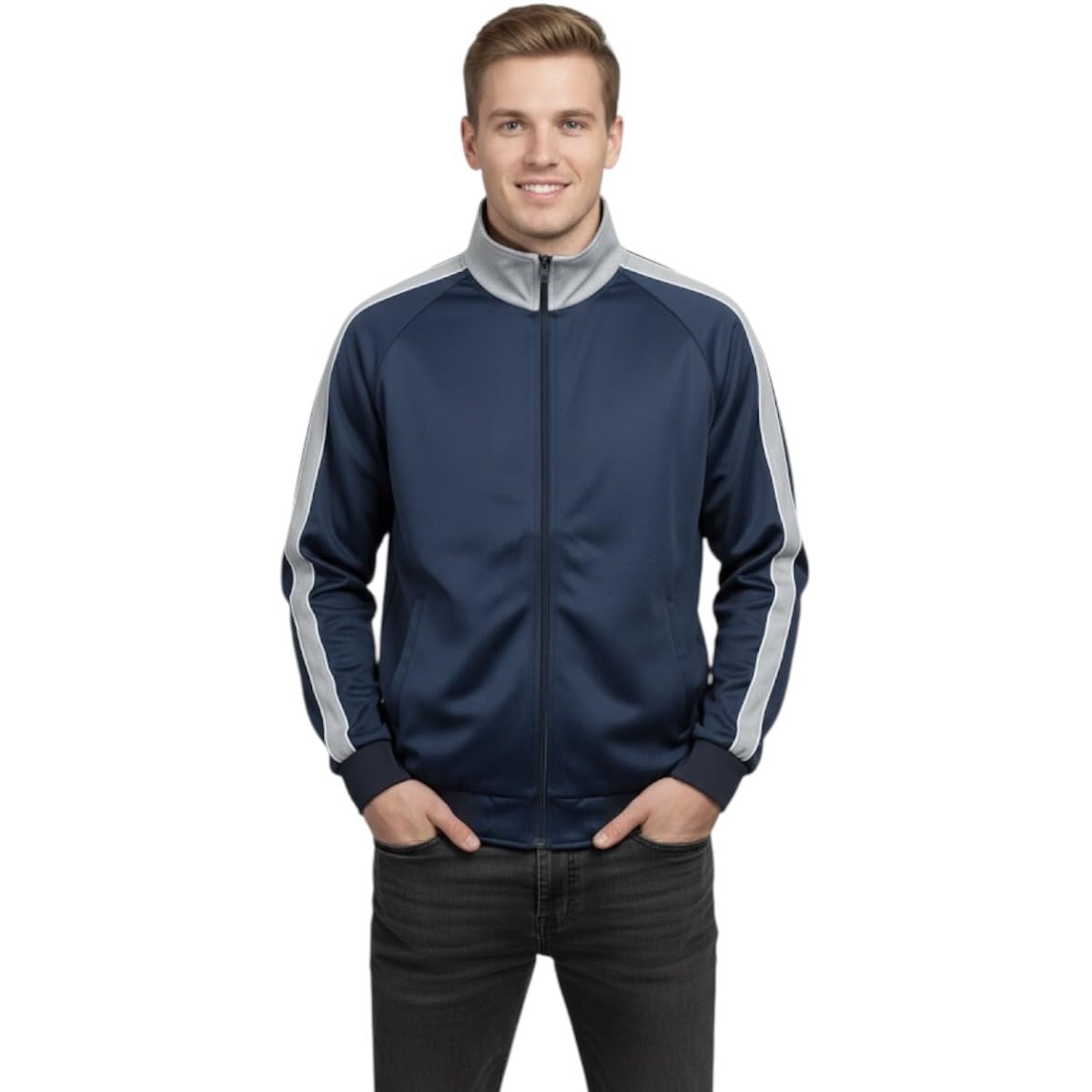 Men Navy Track Jacket Chest 46 Inch Size Polyester Single Piece Sportswear Zip Up-image-36