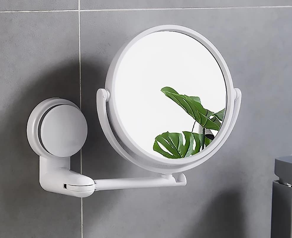 Image of Azelf Wall Mounted Folding Round Makeup Mirror | 360 Rotating Beauty Mirror with Adjustable Arm | Hole-Free Suction Cup Installation | 17.5cm Diameter | Dressing Mirror for Bathroom Vanity