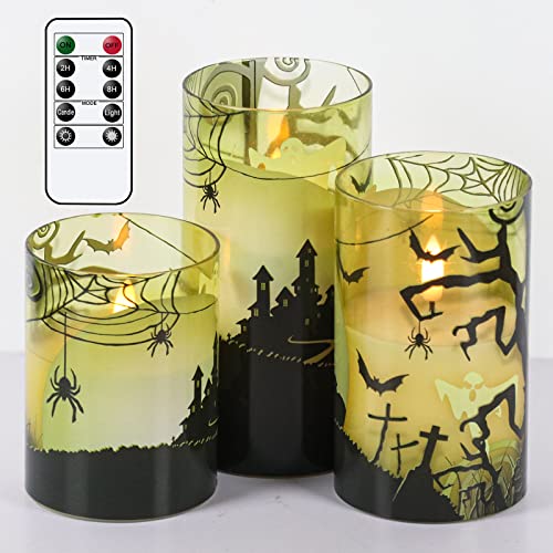 Image of GenSwin Halloween Candles Flameless with Remote Timer, Flameless Candles with Spider Web, Ghost, Castle Decals, 3 Pack Green Glass Battery Operated Candles with 3D Flickering Flame for Fall Decor