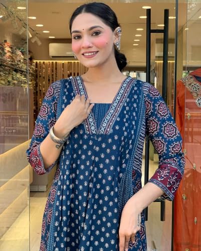 Image of KLOSIA Women Rayon Printed Flared Anarkali Kurta And Pant With Dupatta Set