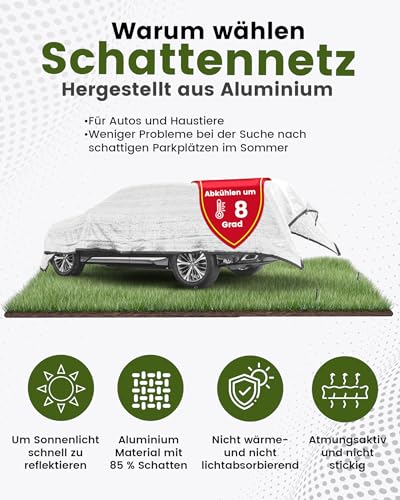 Ezcasch Schattennetz Auto für Hunde 2x3m, 85% Aluminium Schattierungsnetz als UV-und Sonnenschutz, Geeignet für Outdoor, inkl. Elastische Kordel, 5m Nylonseil, Nägel