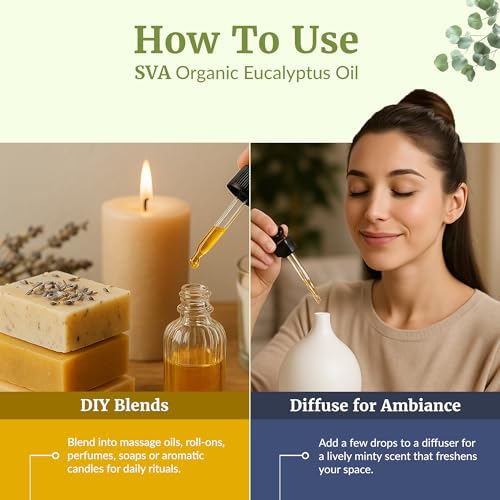 Image of SVA Organic Eucalyptus Essential Oil with Dropper, 4 Fl Oz (118 mL) | Organic Eucalyptus Oil for Diffuser, Humidifier, Spa, Sauna, Hair, Skin, Massage, Soap Making, Candle Making & DIY Projects