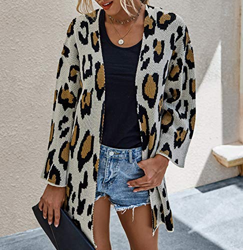 BTFBM Women Open Front Long Sleeve Casual Plain Knit Pockets Ribbed Hem Cuffs Side Slits Long Chunky Sweater Cardigan (Leopard Apricot, Large)