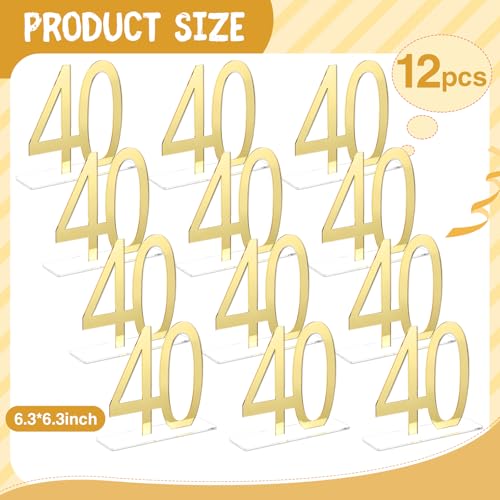 Image of Threehoney 12 Pcs Mirror Gold 40th Birthday Decorations for Men and Women Acrylic Anniversary Decorations Table Numbers Centerpieces for Birthday Party
