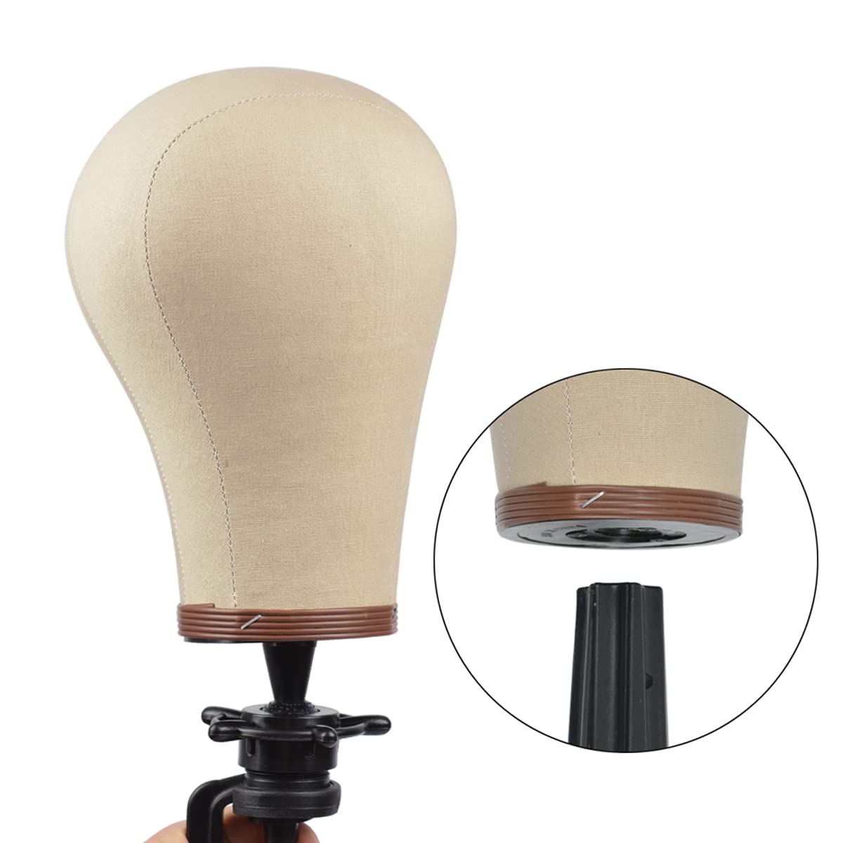 22 Pulgadas Cabeza de Peluca Corcho Lona Bloque Cabeza de Peluca Pantalla de Estilo Cabeza Maniquí con Soporte y Agujeros de Montaje