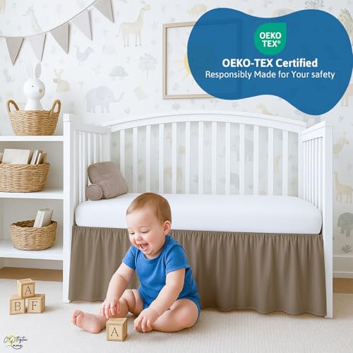 Image of Cottignton Lane Ruffled Crib Bed Skirt, Soft Nursery Bedding in 100% Natural Cotton, Platform Style with 4-Sided Coverage & Split Corners - Fits Standard Cribs 28 inch x 52 inch with 14 inch Drop, Taupe