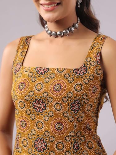 Image of Rimeline Women's Printed Cotton Sleeveless Square Neck Kurti Top | Straight Fit Ethnic Casual Tunic