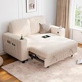 LINSY HOME Sectional Sleeper Sofa Bed, Corduroy Pull Out Couch for Living Room (Beige,Small Couch)|USB Ports, Cup Holder, Side Pocket|2 Seater Convertible Sofa Bed| Apartment Guest Room, Loveseat