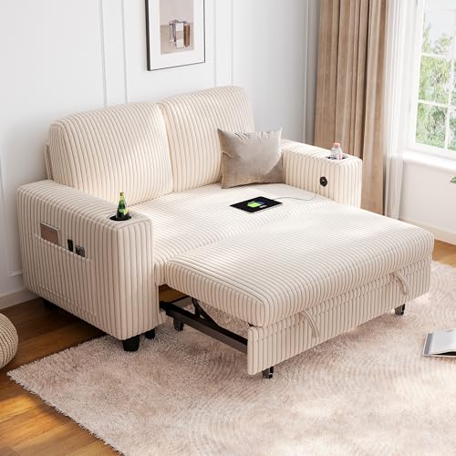Image of LINSY HOME Sectional Sleeper Sofa Bed, Corduroy Pull Out Couch for Living Room (Beige,Small Couch)|USB Ports, Cup Holder, Side Pocket|2 Seater Convertible Sofa Bed| Apartment Guest Room, Loveseat