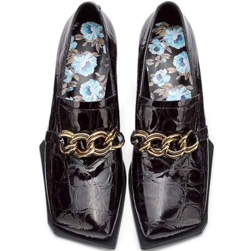Image of Loafers for Women Patent Leather Buckle Square Toe Chunky Block Dress Slip On Wide Casual Comfortable Dressy High Heels Ladies Comfort Moccasins Elegantes 2 Inch Shoes