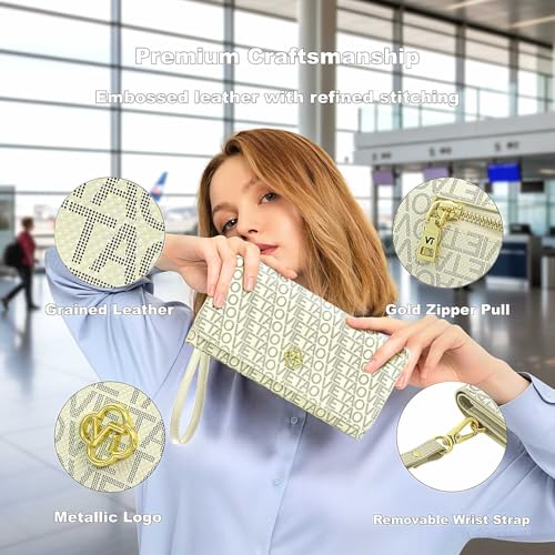 Image of Womens Wallet, RFID Blocking Wristlet Wallets for Women, Large Capacity Leather Clutch Purse for Ladies Daily Use and Travel, Card & Phone Holder - White