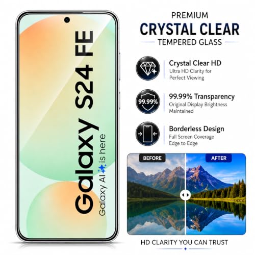 Image of ArmourPro 3D Borderless Tempered Glass for Samsung Galaxy S24 FE, M56, F56, A36 and A56, Set of 2 HD Clear Screen Protectors with 3D Curved Edges, 9H Hardness, Oleophobic Coating, Case Friendly