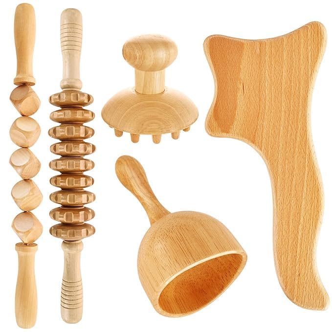 5 In 1 Wood Therapy Massage Tools, Maderoterapia Kit, Wooden Body Gua Sha Tool Set, Lymphatic Drainage Massager Anti Cellulite Fascial Massage Roller Stick for Body Shaping,Muscle Back Leg Pain Relief-image-4