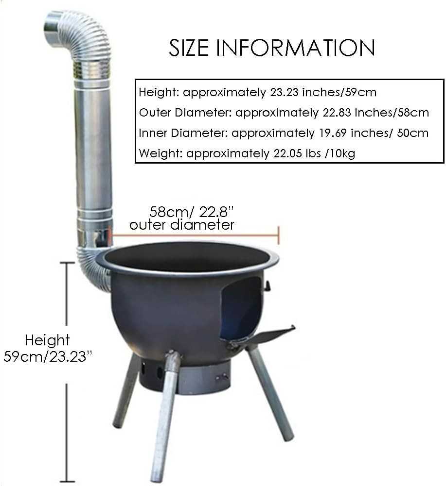 Portable Wood Stove, Charcoal BBQ Grill, Camping Cooker, Outdoor Heater, Flue Pipe Included, Tripod 58cm(23in) +Basic Chimney