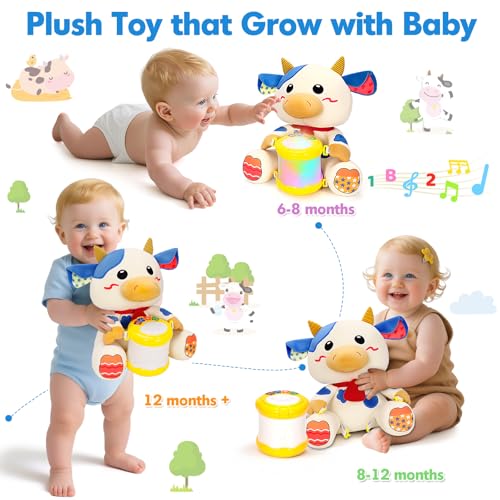 V-Opitos Stuffed Cow Musical Toys for Baby 6-12 Months+, Early Learning Light up Music Drum, Perfect Christmas Birthday Gifts for Boy & Girl Age 1, 2 Years Old - Image 5