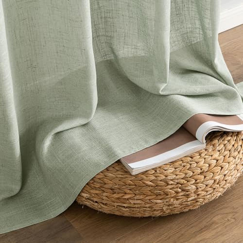 MIULEE Sage Linen Curtains 96 Inch Length 2 Panels for Bedroom Living Room,Green Soft Thick Linen Textured Window Drapes Semi Sheer Light Filtering Back Tab Rod Pocket Burlap Look Decor