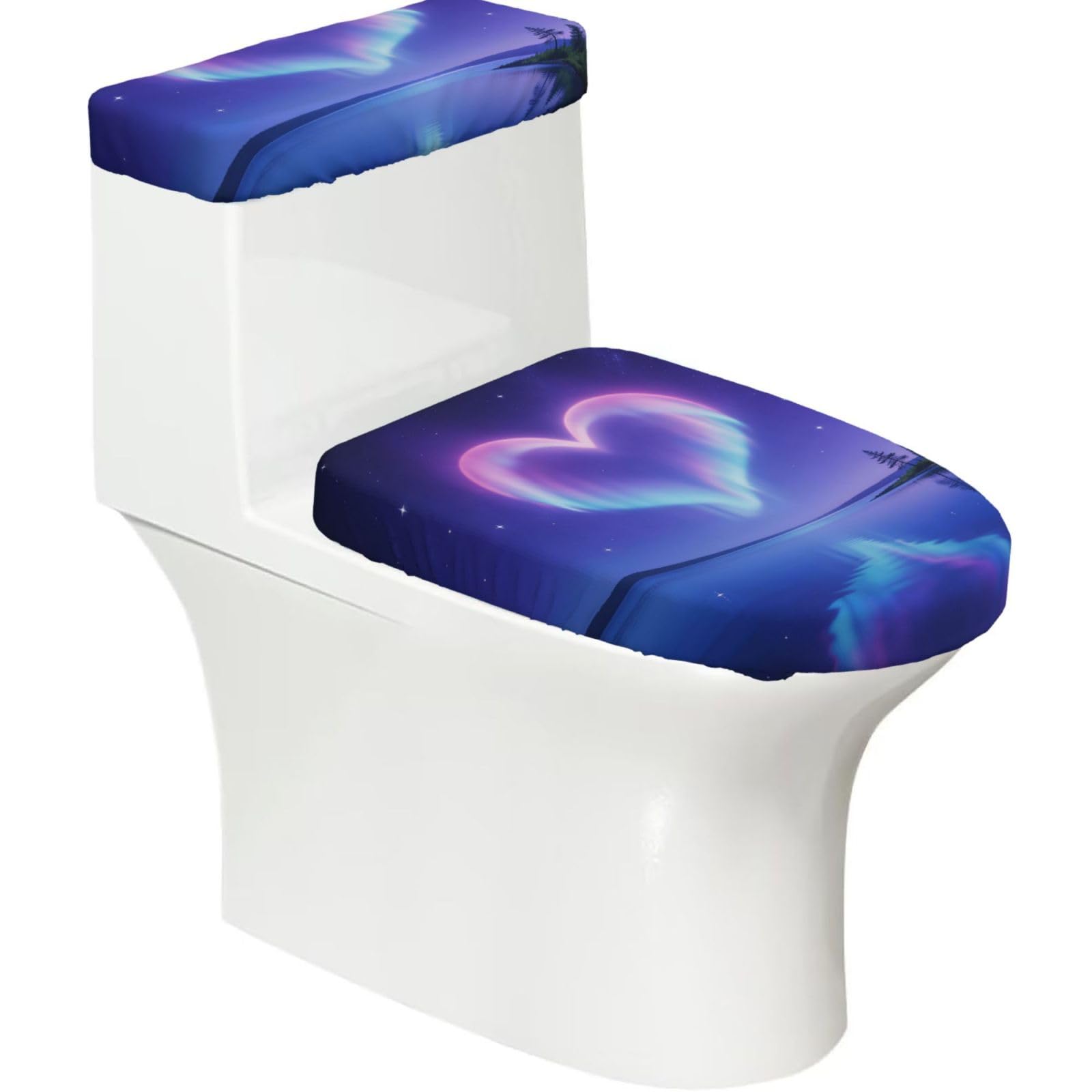 Heart Aurora Elastic Toilet Cover Set of 2-Stretchy Lid and Tank Covers for Bathroom, Soft Washable U Shape Toilet Decor