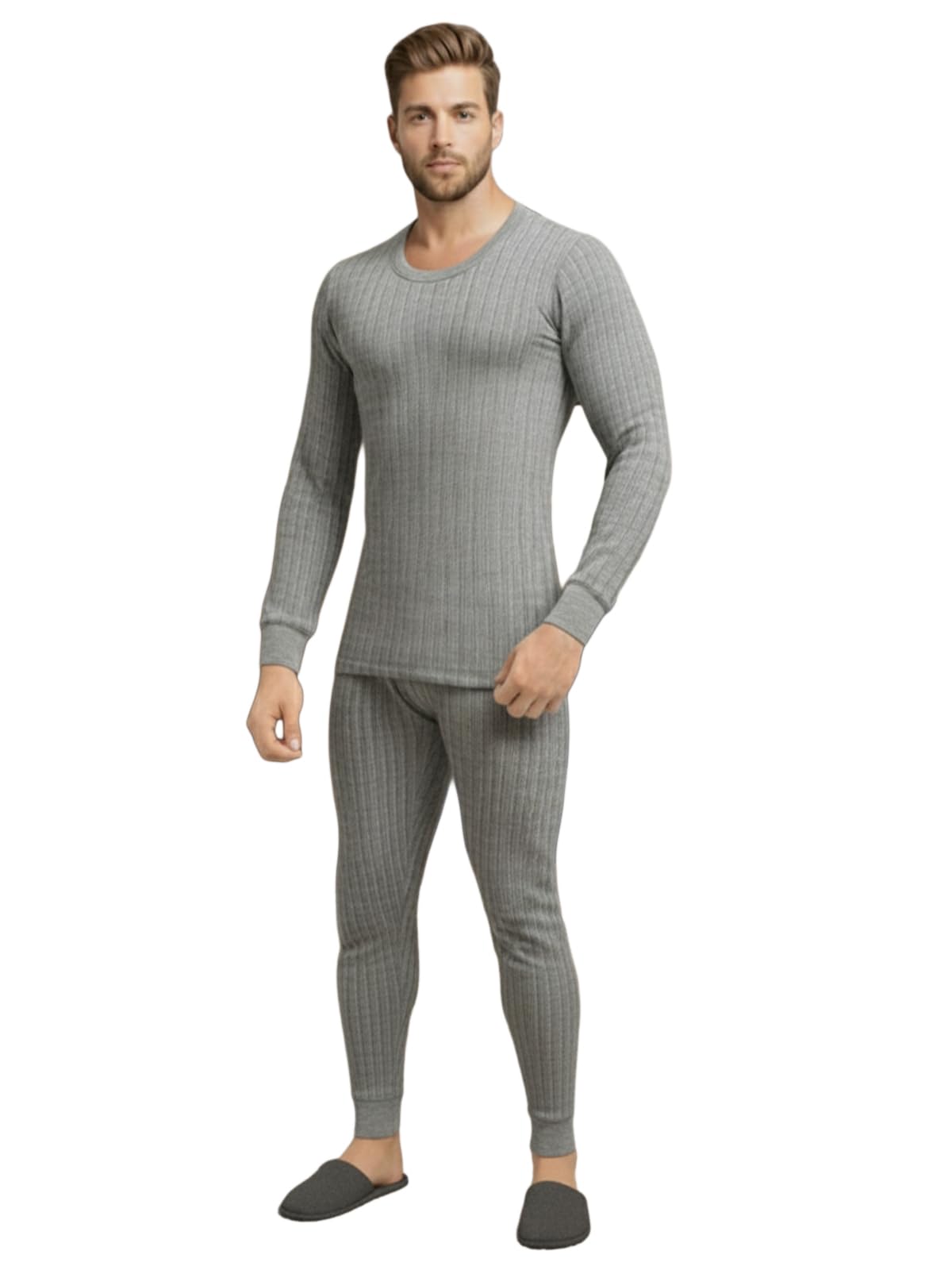 HEATEK Men's Grey Melange Round Neck Full Sleeve Skin Friendly Winter Wear Thermal Top and Bottom Set | Thermal Set for Men | Style 777