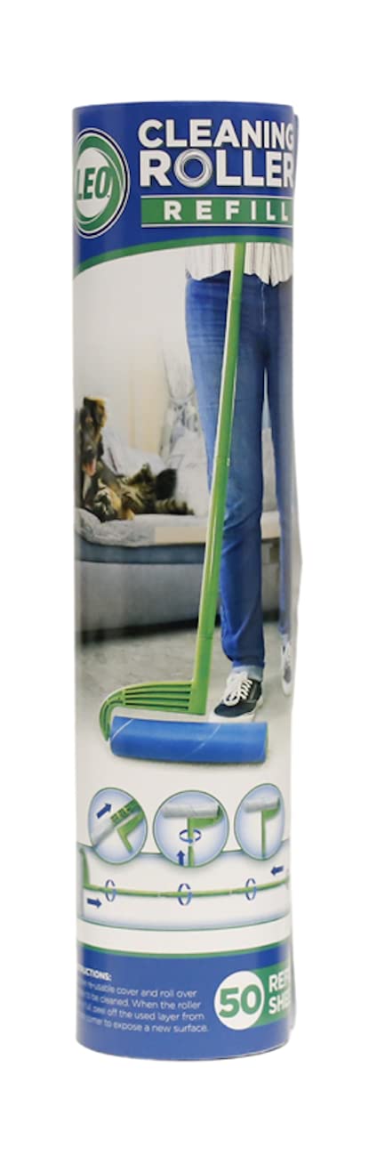 Leo MegaClean 10-Inch Wide Lint Roller Refills - 1 Rolls 50 Ultra-Wide Sheets for Lint Removers Household Cleaning Easily Remove Pet Hair Dust and Debris from Floors Carpets and Furniture