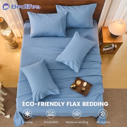 Image of Bedlifes 100% French Linen California King Bed Sheet Set - 16 inch Deep, 4Pcs | Soft & Durable, Breathable & Cooling, Pure Flax Linen, OEKO-TEX Certified, Moisture-Wicking, Easy Care, Machine Washable