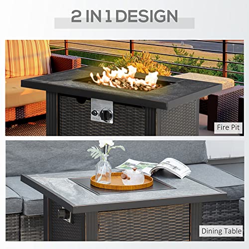 Outsunny 30 Inch Outdoor Propane Gas Fire Pit Table, 50,000 Btu Auto-Ignition Square Wicker-Effect Gas Firepit With Ceramic Tabletop, Lid, Lava Rocks & Rain Cover, Csa Certification #TOP3