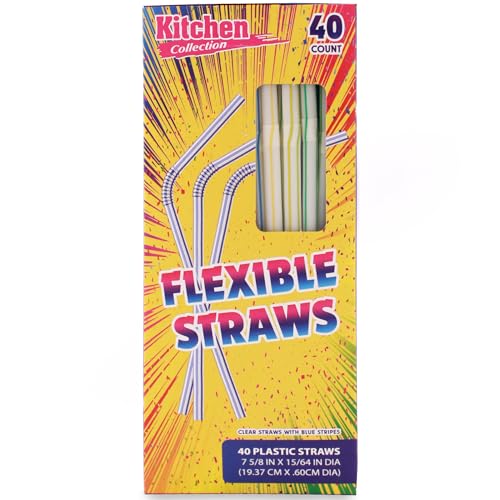 Image of Bluesky Trading Kitchen Collection Clear Flexible Straws With Blue Stripes(7.63 inch x 0.23 inch) - Pack Of 40 - Stylish & Disposable Plastic, Perfect for Cold Drinks, Parties, Smoothies, Everyday Use, & More