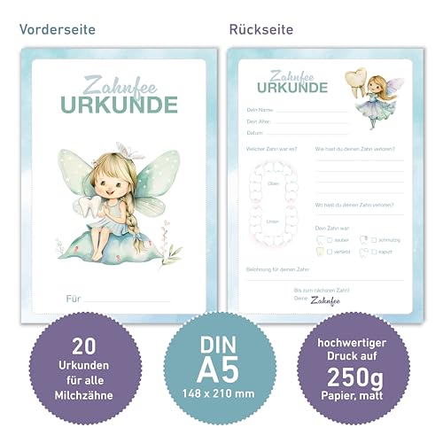 Zahnfee Urkunde (20 Stück) – Geschenk für Mädchen und Jungen – Zahn Zertifikate für die Milchzähne und Erinnerung an die ersten Zahnlücken