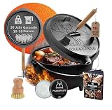 GUSSKÖNIG Dutch Oven Set - Eingebrannter Dutch Oven 12 Liter [10-16 Person]-Feuertopf Gusseisen mit Füßen-Schmortopf Doppelfunktion-2in1 Deckelheber, Bürste & DutchOven Rezeptbuch-30 Jahre Garantie
