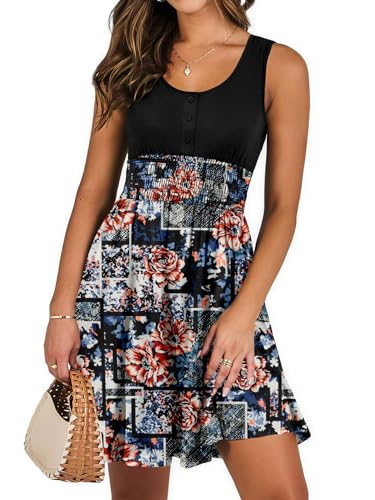 Image of Summer Dresses for Women Casual Sleeveless Sundresses Elastic Waist Mini Sun Dress