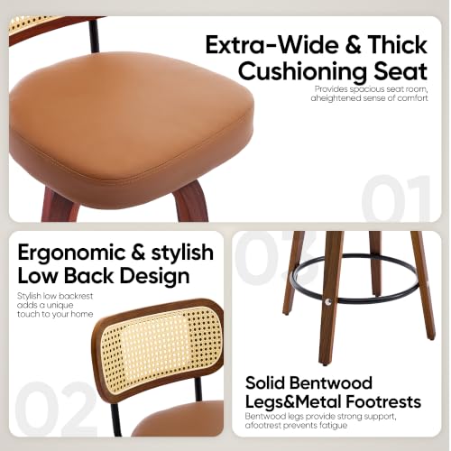 Image of KEEZY Natural Rattan Bar Stools Set of 2,Upholstered PU Leather, 30''Counter Height Barstools with Back and Wood Legs,360Swivel,Mid-Century Modern Bar Stool for Kitchen Island Dining Room and Bar