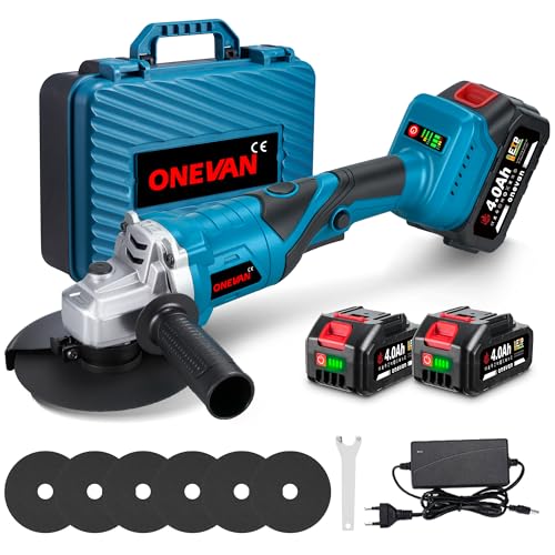 ONEVAN 5025 - Amoladora angular con batería, sin escobillas, 125 mm, cabezal giratorio de 180°, 3 niveles de velocidad, 0-18000 rpm, indicador de batería LED, 2 baterías de 4,0 Ah y cargador