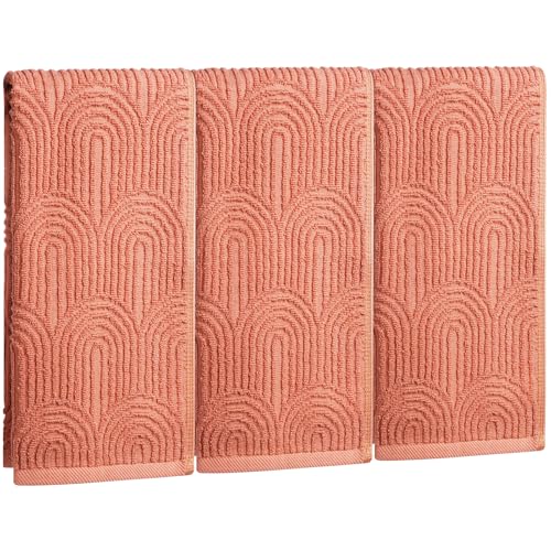 VELANORIQUE 3pcs Burnt Orange Hand Towels for Bath 100% Cotton Caramel 3D Arched Stripes Boho Decorative Hand Towel Terracotta Quick Dry Towels for Home Bathroom Decor 13.8x29.5 Inch