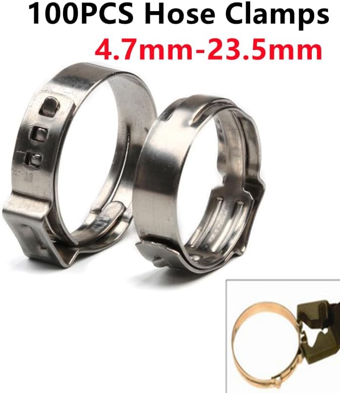 100pcs 4.7-23.5mm Single Ear Hose Clamps 304 Stainless Steel Single Ear Hose Clips Ear Pipe Clamps for Sealing Kinds of Hose(7.3-9.0mm)