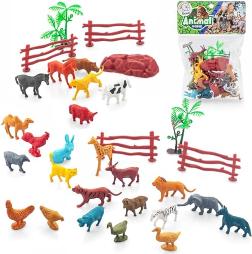 Image of YOOKO (12 PCS Animal Set Mini Jungle Animals Figure Toys Play Set | Realistic Wild Plastic | Includes Artificial Grass & Fencing | Learning Games for Boys, Girls, Kids