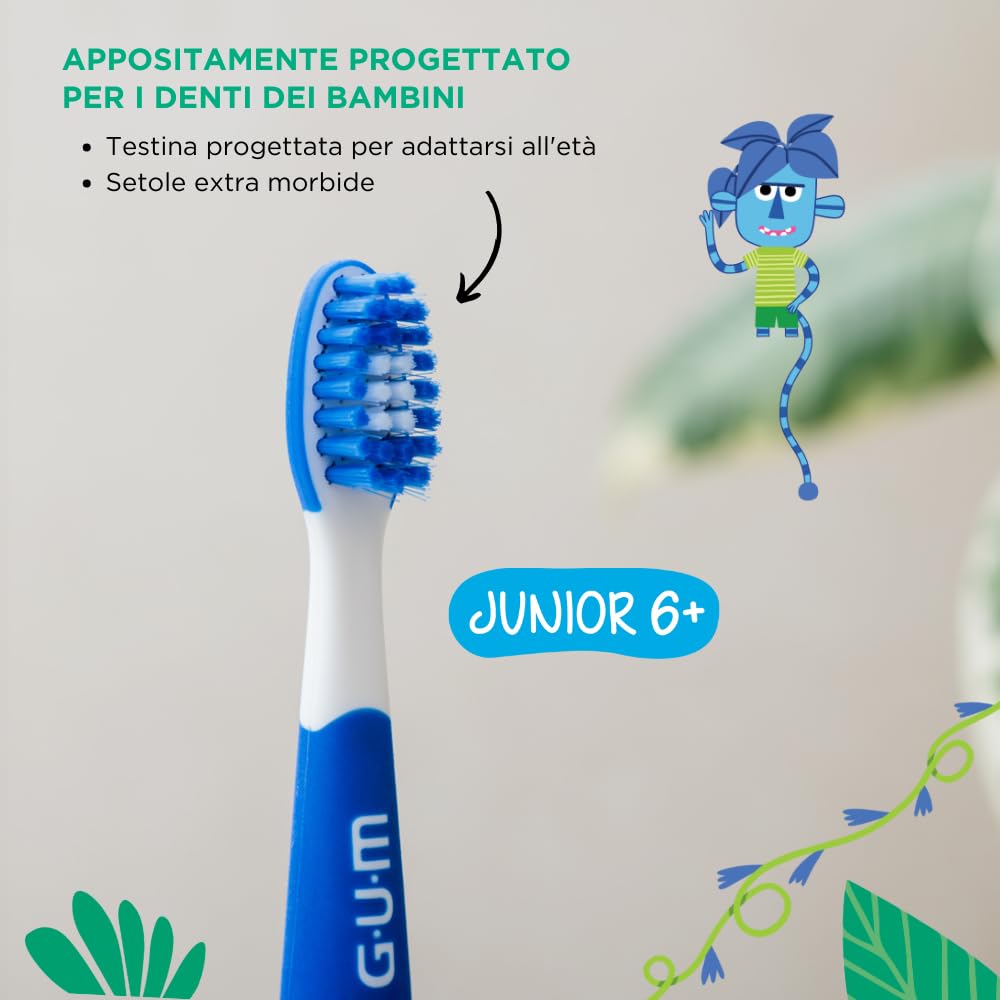 GUM Playbrush JUNIOR 6+ spazzolino elettrico | app di gioco interattiva | 2 modalità di spazzolamento | setole extra morbide | batteria a 8 settimane | 1x spazzolino sonico | 2 testine extra | Blu