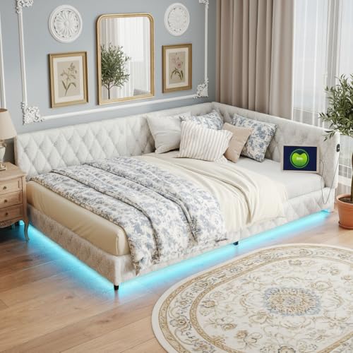 MISNODE Canapé-lit rembourré, 140 x 200 cm, d'angle, avec LED et USB, en forme de L, avec sommier à lattes, pour enfants, adolescents, lit double, en velours nounours (beige-B01, 140 x 200 cm)