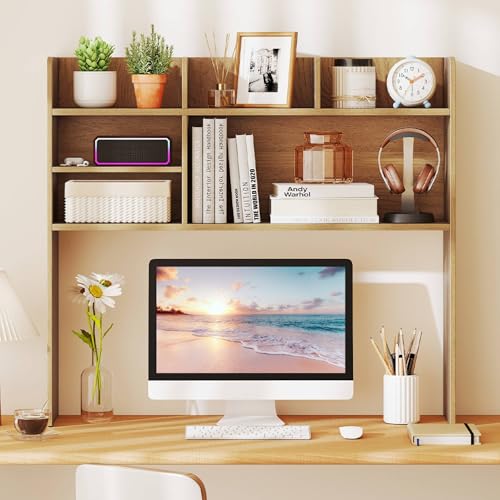 Image of Tangkula Desktop Bookshelf for Computer Up to 32 inch, 37 inch Countertop Storage Hutch with 6 Storage Shelves, 3-Tier Desktop Organizer Display Rack, Wooden Desk Hutch for Dorm Home Office (Natural)