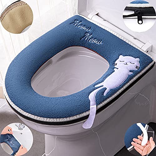 Toilet Seat Cover with Lid Lifter Handle Set Toilet Seat Covers with Zipper Washable and Stretchable Toilet Seat Cushion All Season Soft Thicker Warmer Mat Fits All Elongated (Oval) Toilet Seats(Blue)