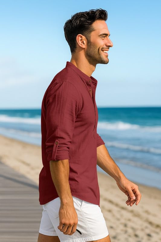 Image of Macsivo Men's Cotton Blend Solid Short Kurta with Mandarin Collared Full Sleeve Drawstring Stylish Straight Length | Kurta for Men Stylish