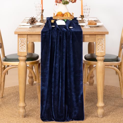 Image of MLMC Velvet Table Runner 10ft Luxury Velvet Fabric Elegant Table Decorations 20x120 Inches for Wedding Anniversary Romantic Dinner Holiday Kitchen and Dining Table Decor, 2 Pack, Navy Blue