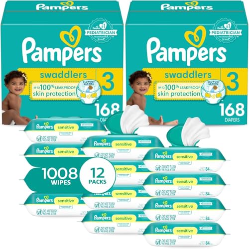 Image of Pampers Swaddlers Disposable Baby Diapers Size 3, 2 Month Supply (2 x 168 Count) with Sensitive Water Based Baby Wipes 12X Multi Pack Pop-Top and Refill (1008 Count)