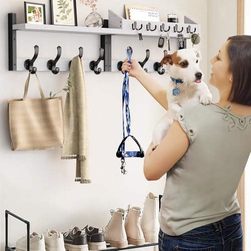 Image of Evermagin 35 inch Coat Rack Wall Mount with Shelf, 4 in 1 Coat and Key Hanger with 13 Metal Hooks, Entryway Wall Mounted Shelf with Mail Holder for Living Room, Bedroom, White