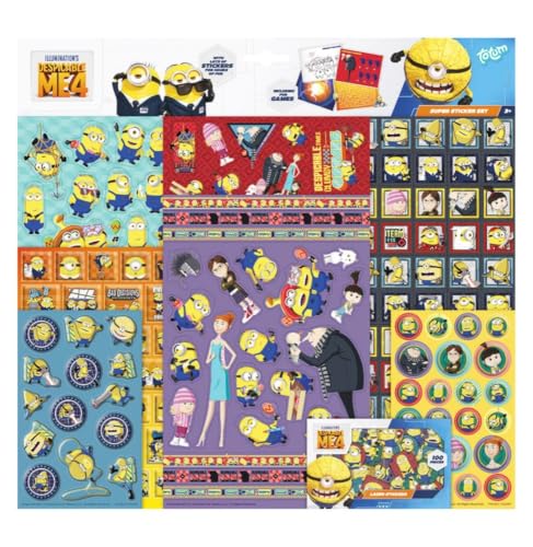 Totum Lot d'autocollants minions super autocollants XL 7 feuilles d'autocollants comprenant de luxe 3D métallisé et...